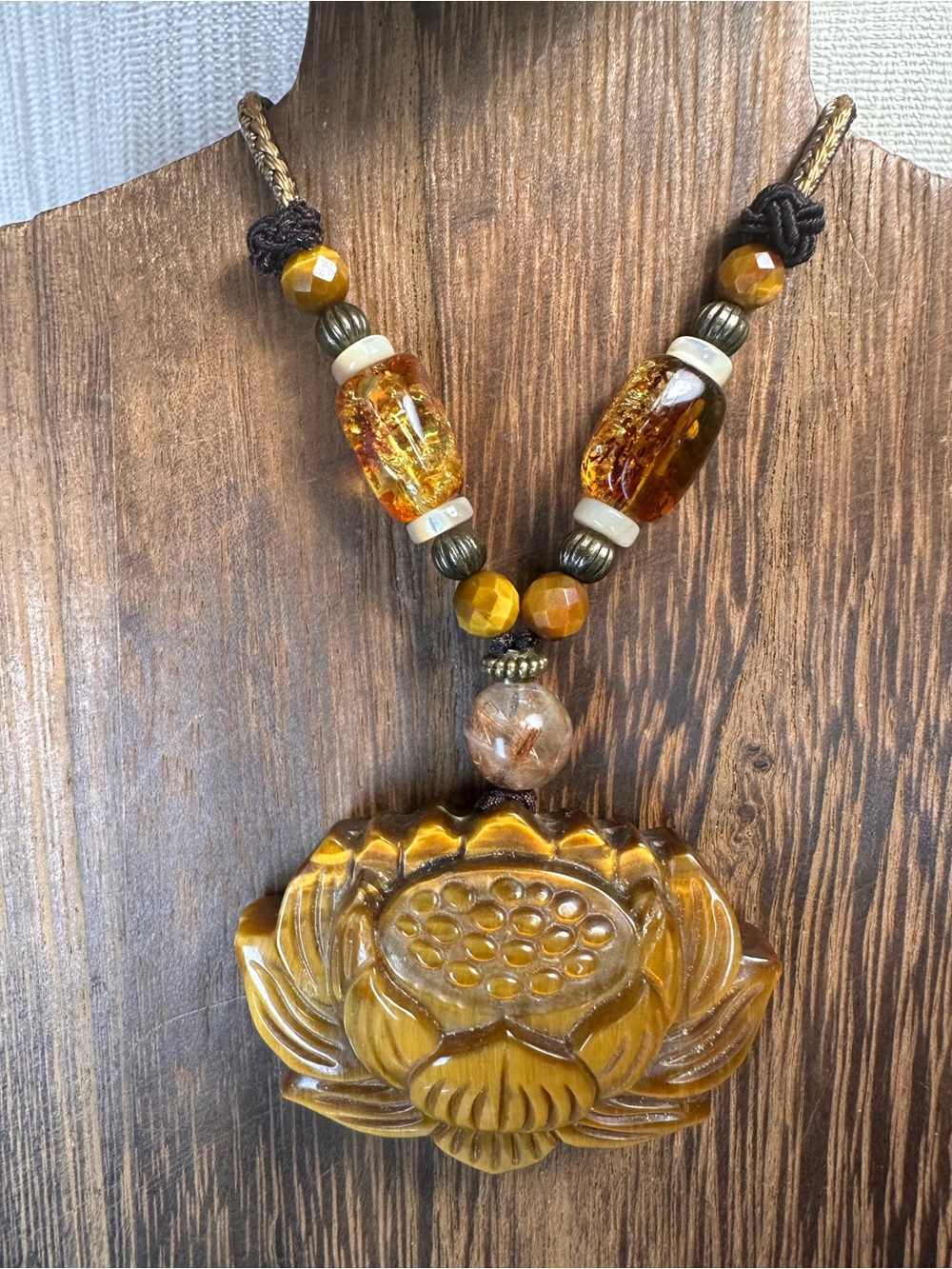 Tiger’s Eye Lotus Pendant Necklace with Golden Rutile and Amber on Rope - Picture 7 of 16